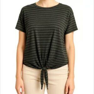 Lily Star Green Black Stripe Tie Front Short Sleeve Relxaed Fit Top Casual LG
